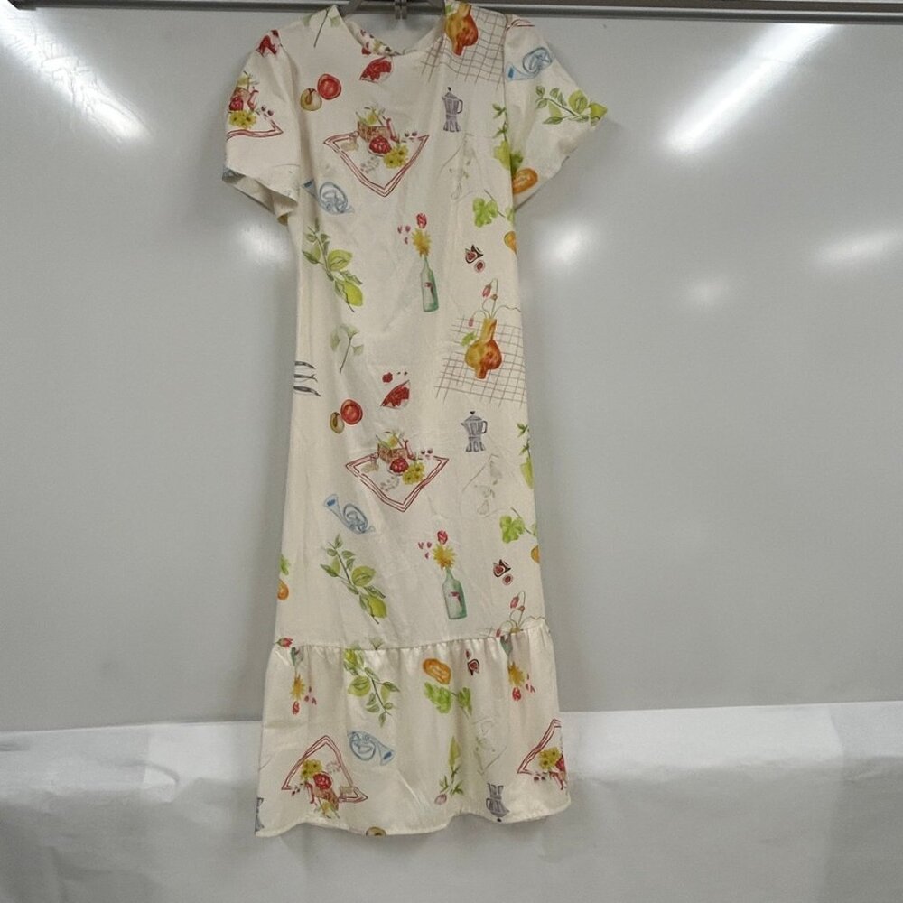 Vintage Style Food Print Midi Dress Medium Cottagecore Picnic Aesthetic Ruffle